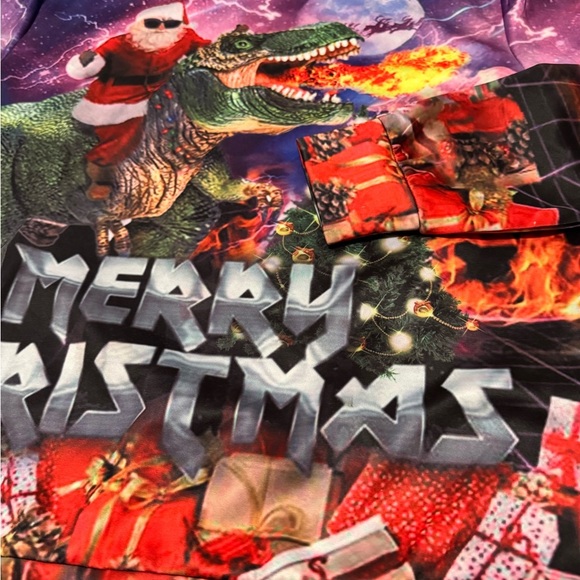 Santa Riding T-Rex Men’s S Small Crewneck Sweater with Festive Design - Picture 4 of 7